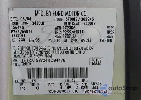 2004 Ford F-150 Stx/Xl/Xlt из США, поврежденный, VIN 1FTRX12W24KD84478